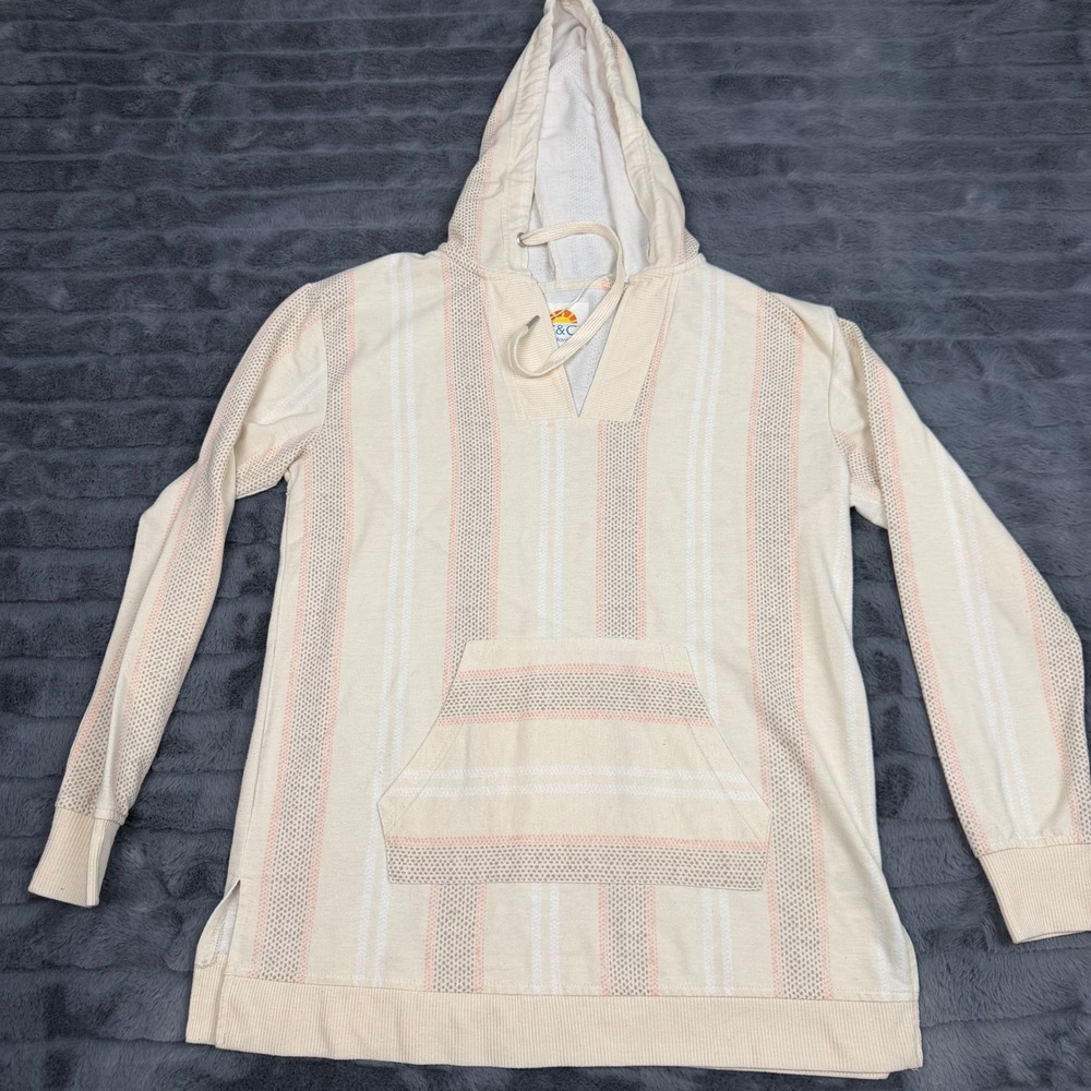 C&C California Women Striped Baja Hoodie Cream Pink Tan V-Neck Pullover Small